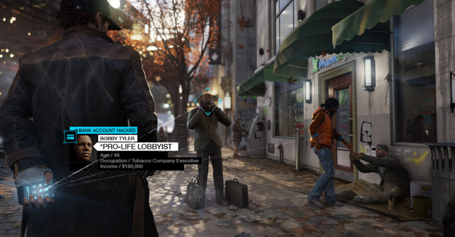 Screenshot from ‘Watchdogs’, a videogame based on a smart city imagery. The player can use his smartphone to hack urban infrastructures, normally operated by a centralised operating system, to use them for his advantage in a virtual ‘smart’ version of Chicago. Source: ©2014 Ubisoft Entertainment. All rights reserved. Watch Dogs, Ubisoft and the Ubisoft logo are trademarks of Ubisoft Entertainment in the U.S. and/or other countries. 