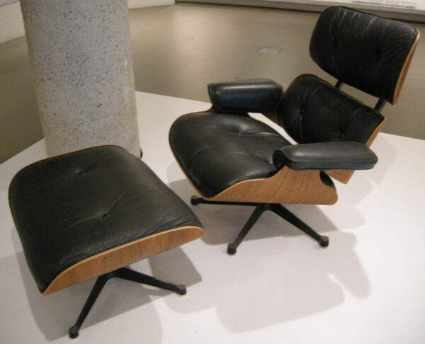 The Eames' Lounge and Ottoman (1956) are two of the most iconic modern furniture designs that went on to be reproduced and copied countless times. They used an innovative technique of laminating plywood learned from their time making splints for the army in the Second World War. (source: wikipedia cc license)