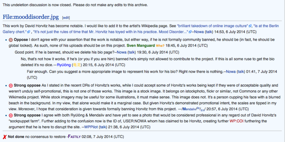 Screenshot of a discussion regarding Horvitz work on one of Wikipedia's editing boards. 