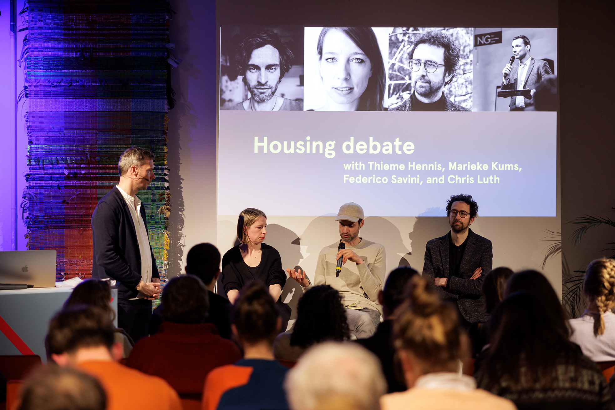 Housing debate: Alternatives to Ownership, Debate with the speakers and the audience. From the left: Chris Luth, Marieke Kums, Thieme Hennis, Federico Savini. Independent School for the City, Rotterdam. Photo: Aad Hoogendoorn.
